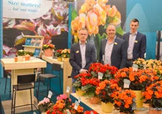 Andre Vreugdenhil, Bastiaan Verduijn and Harry Hegeman with Koppe. Halo, a new variety in the classic-red segment, is two weeks faster in production as compared to its peers.